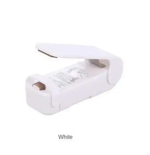 Mini heat bag sealing machine in white, designed for resealing snacks and preserving food freshness.