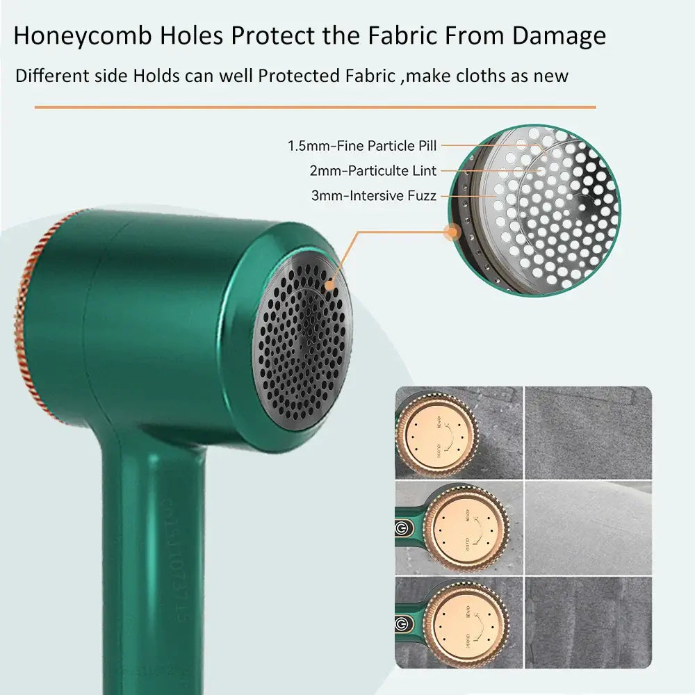 Electric lint remover with honeycomb holes to protect fabric, effectively removing lint and fuzz from clothes and upholstery.