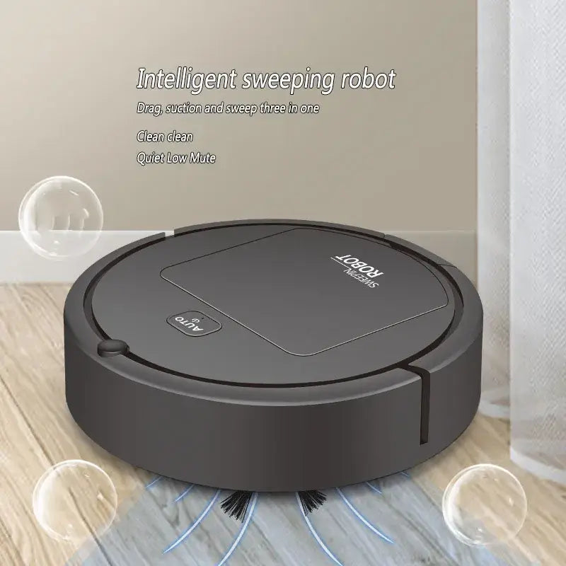 Automatic robot vacuum cleaner with a sleek design, being turned on for effortless cleaning on wooden floors.