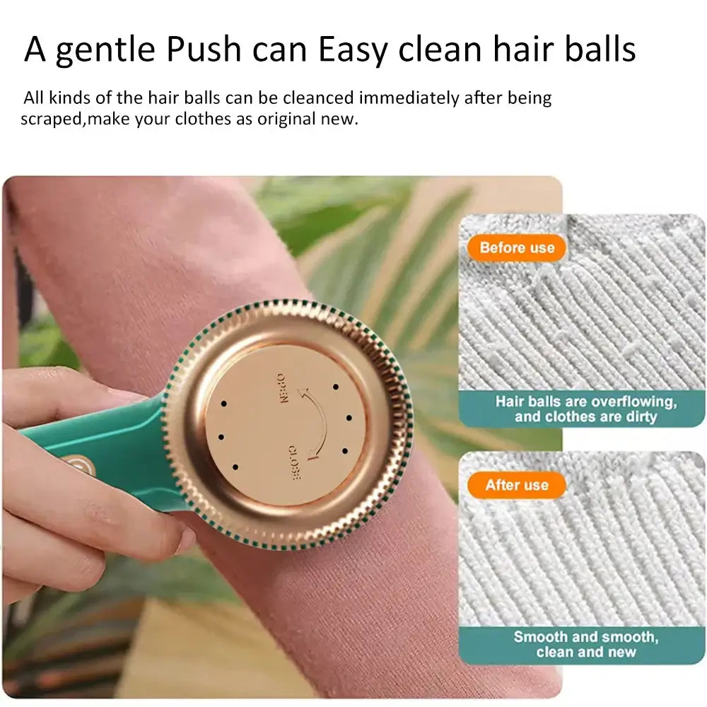 Electric lint remover demonstrating before and after cleaning hair balls from fabric, showcasing effective lint removal.