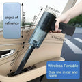 Wireless portable vacuum cleaner in a car, designed for home and vehicle use with powerful suction.
