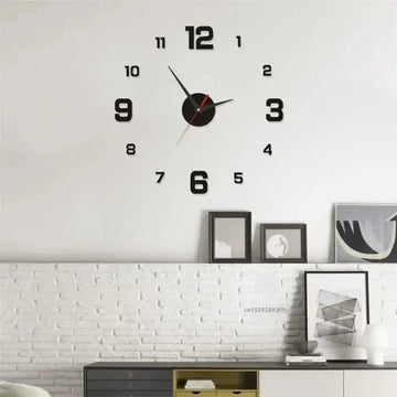 Modern 3D acrylic mirror wall clock sticker, minimalist design with black numbers on a white wall.