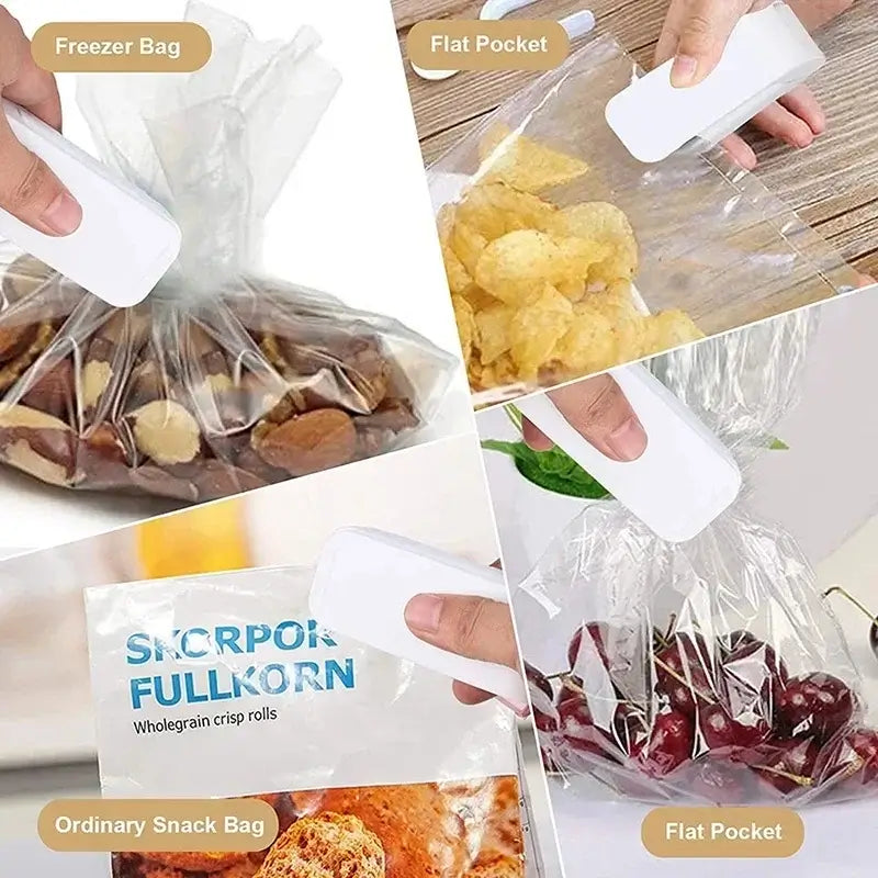 Hand using a Mini Heat Bag Sealing Machine to seal a bag, demonstrating its compact and portable design.