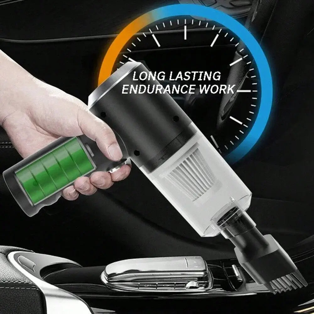 3-in-1 integrated vacuum cleaner showing USB charging feature and battery level indicator in a car interior.