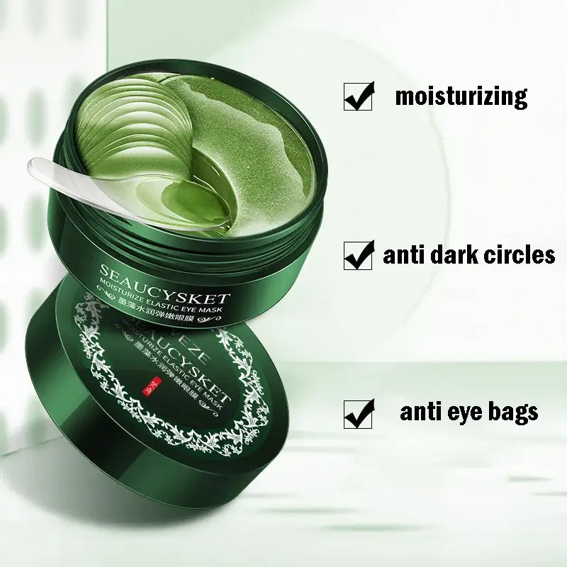 60pcs Anti-Aging Eye Mask jar with eye patches, highlighting moisturizing, anti dark circles, and anti eye bags benefits.