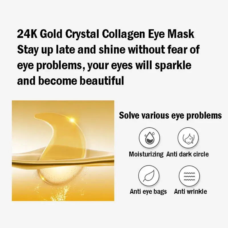24K Gold Crystal Collagen Eye Mask for moisturizing, reducing dark circles, minimizing eye bags and wrinkles.