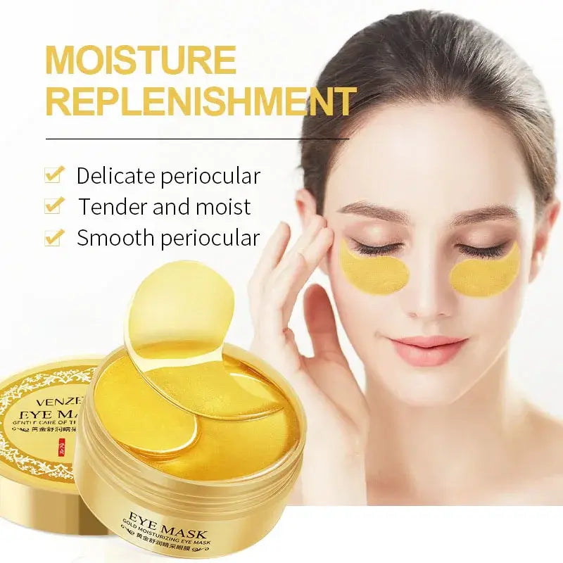Woman using 24K gold collagen eye masks for anti-aging benefits and moisture replenishment.