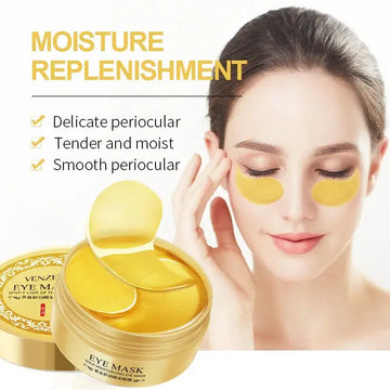 Woman using 24K gold collagen eye masks for anti-aging benefits and moisture replenishment.