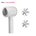 Electric lint remover in white with two steel blades for efficient fabric shaving and lint removal.