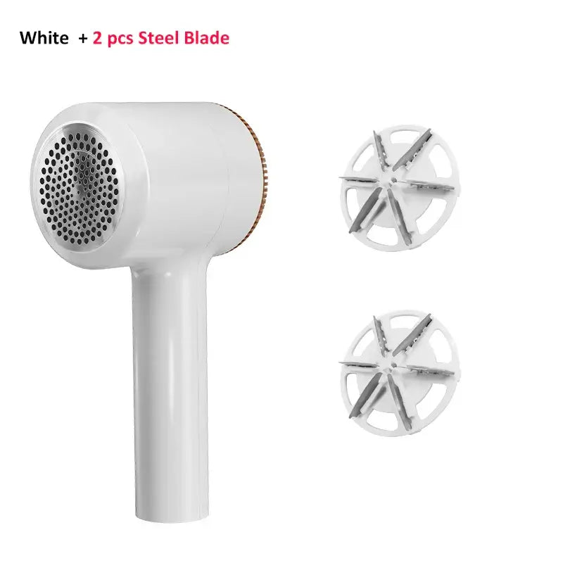 Electric lint remover in white with two steel blades for efficient fabric shaving and lint removal.