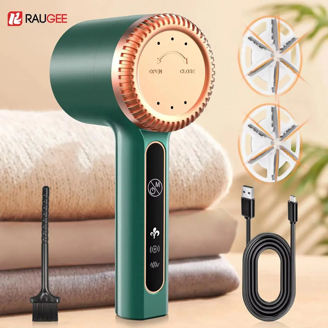 Electric lint remover with USB charger, brush, and replacement blades for fabric care and maintenance.