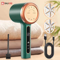 Electric lint remover with USB charger, brush, and replacement blades for fabric care and maintenance.