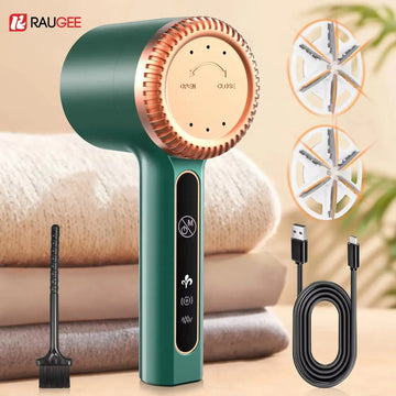 Electric lint remover with USB charger, brush, and replacement blades for fabric care and maintenance.
