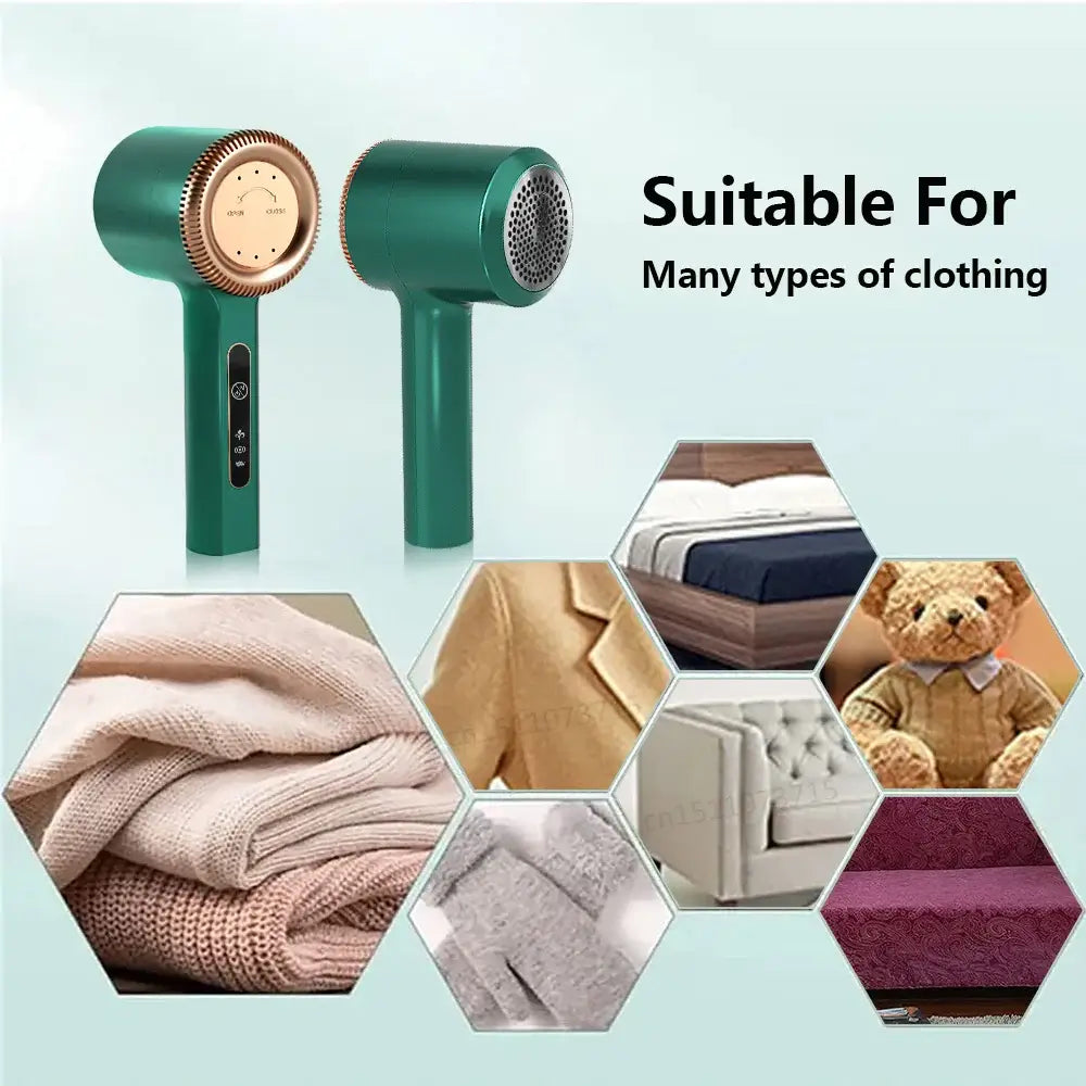 Electric lint remover with USB charger, brush, and replacement blades for fabric care and maintenance.