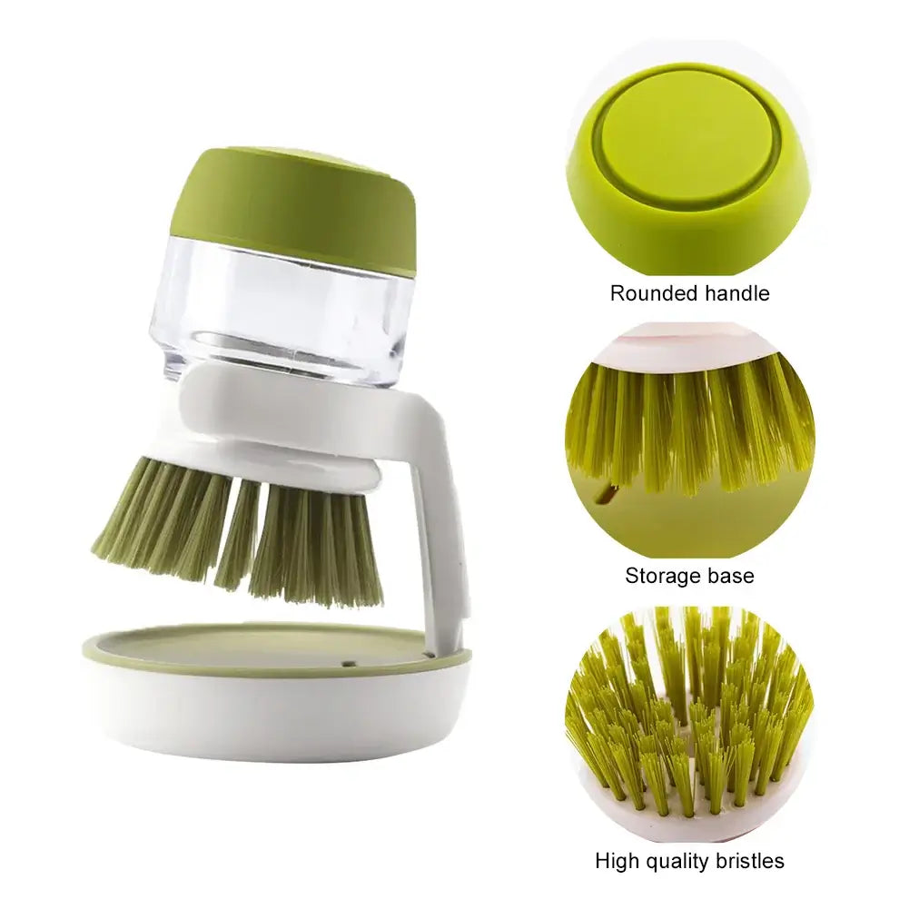 Multifunctional kitchen cleaning brush with soap dispenser, featuring a rounded handle and high-quality bristles.