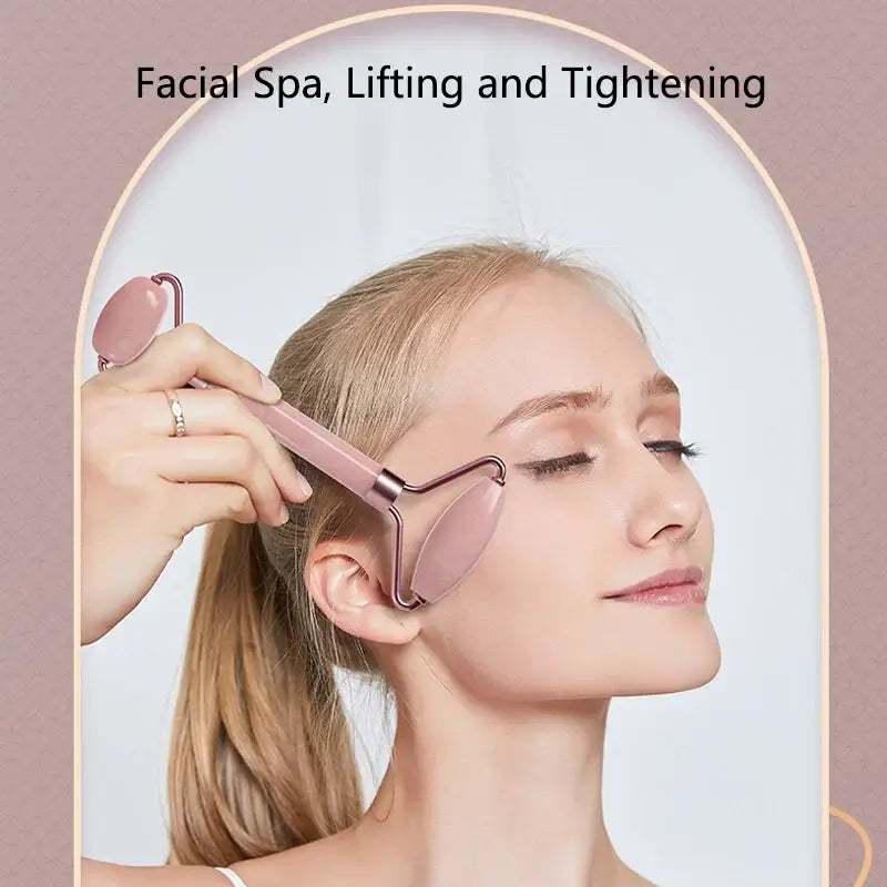 Woman using a face and neck massager roller for lifting and tightening during a facial spa treatment.