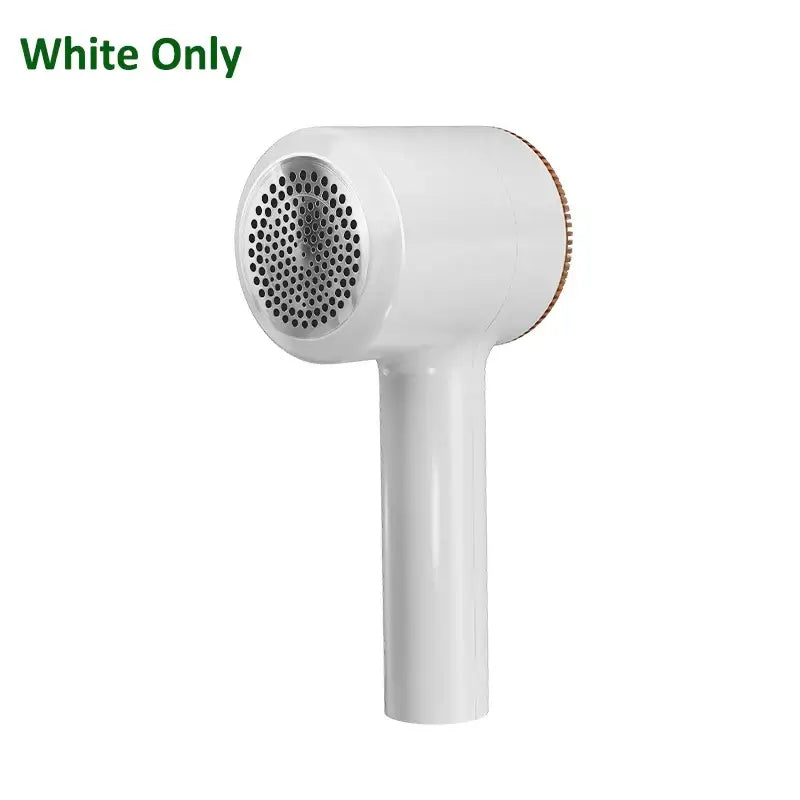 Electric lint remover in white, designed for efficient fabric shaving and lint removal from clothes and furniture.