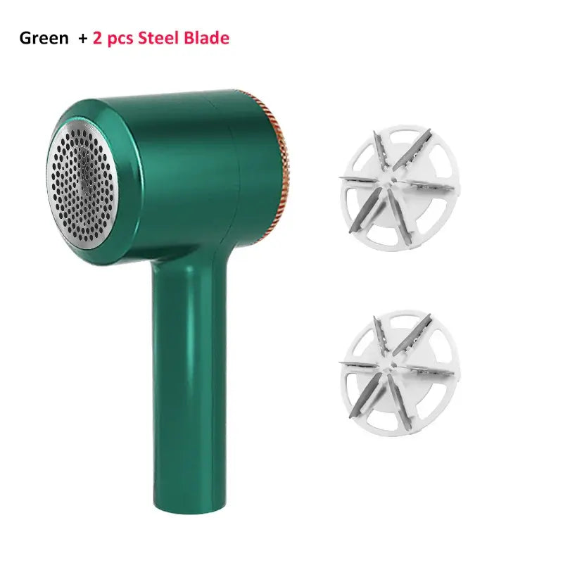 Green electric lint remover with two steel blades for efficient fabric care and lint removal.