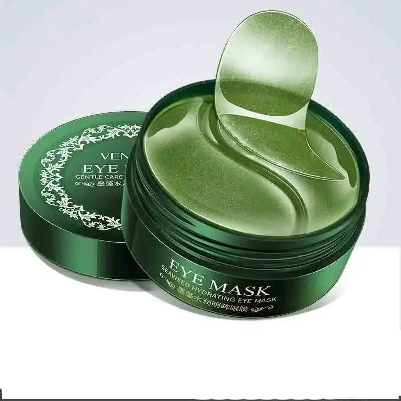 24K Gold Collagen Eye Mask jar with a green eye mask inside, designed to reduce dark circles and puffiness.
