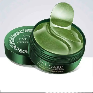 24K Gold Collagen Eye Mask jar with a green eye mask inside, designed to reduce dark circles and puffiness.
