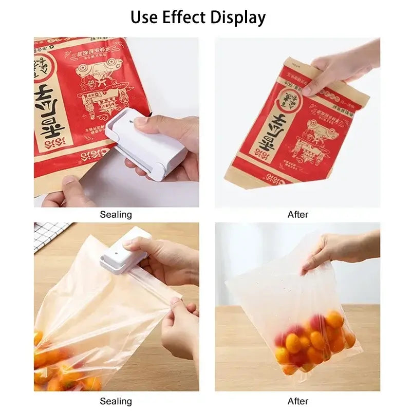 Mini Heat Bag Sealing Machine in use, showing sealing process and effect on various snack bags.