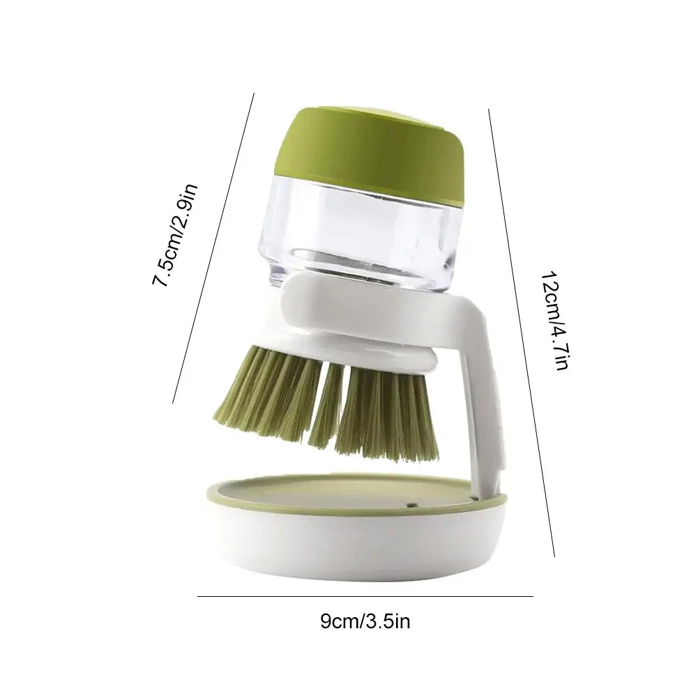 Multifunctional kitchen scrub brush with soap dispenser for efficient cleaning of pots and pans.