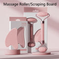 Face and neck massager roller with scraping board in soft pink packaging for skincare revitalization.