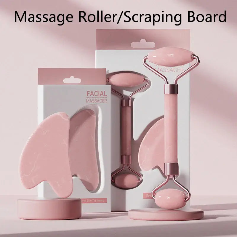 Face and neck massager roller with scraping board in soft pink packaging for skincare revitalization.