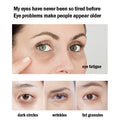 Image displaying eye fatigue symptoms: dark circles, wrinkles, and fat granules highlighting aging signs.
