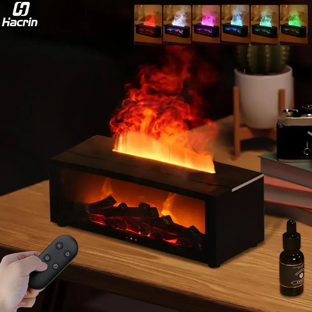 Flame Aroma Humidifier with remote, realistic flame effect and essential oil, adding ambiance to any space.