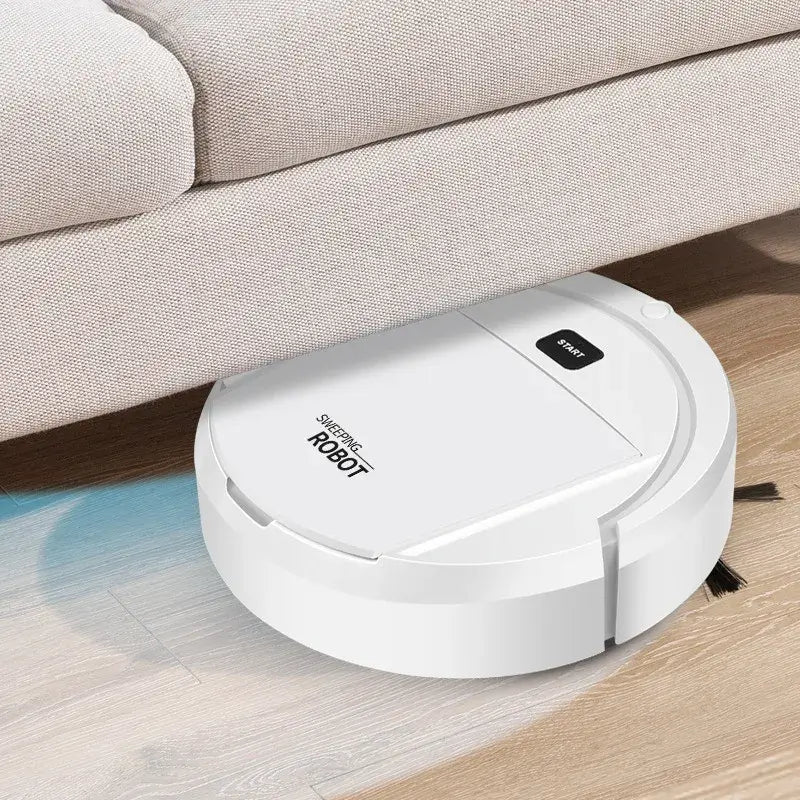 White automatic robot vacuum cleaner under a couch, designed for deep cleaning and low-noise operation.